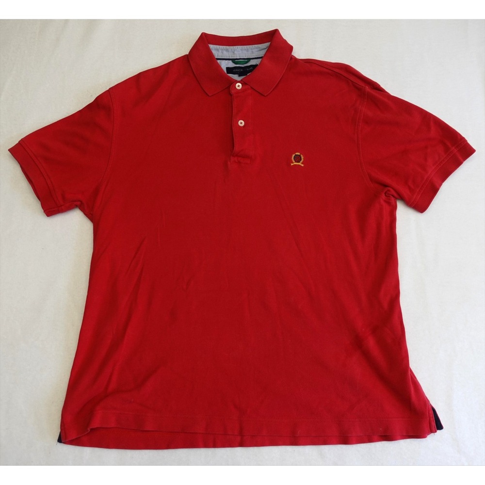 Tommy Hilfiger Polo Shirt Mens L Red Solid Cotton Knit Short Sleeve Casual Logo